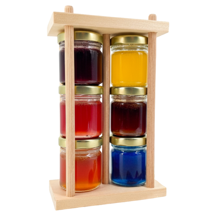 Honig Geschenkset 6×40g – Früchte-Honig mit Erdbeere, Blaubeere, Brombeere, Apfel, Himbeere & Spirulina – Handgemachtes Holzgestell – Feinkost Geschenk zu Weihnachten