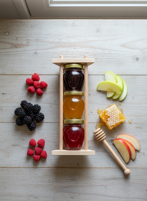 Honig Geschenkset 3×110g – Akazienhonig mit Brombeere, Apfel & Himbeere – Cremig, fruchtig & natürlich – Edles Feinkost Geschenk im Holzgestell – Perfekt als Probierset