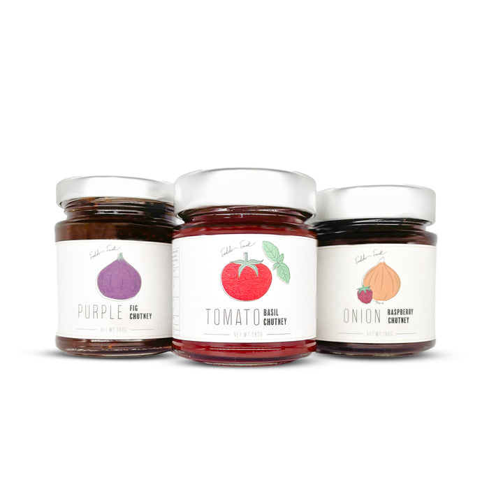 Gourmet Chutney Trio Set für Feinschmecker | Lila Feigen Chutney, Himbeeren Zwiebel Chutney, Tomaten Basilikum Chutney (3x180g)