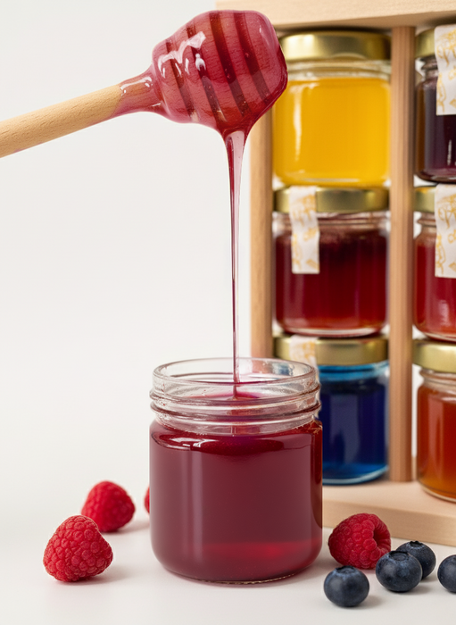 Honig Geschenkset 6×40g – Früchte-Honig mit Erdbeere, Blaubeere, Brombeere, Apfel, Himbeere & Spirulina – Handgemachtes Holzgestell – Feinkost Geschenk zu Weihnachten