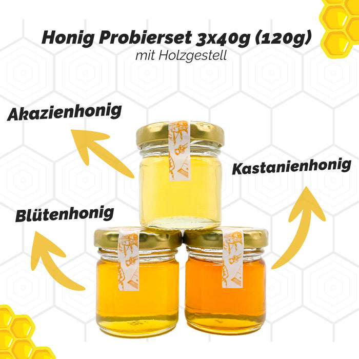 Honig Set mit 3 Sorten im Holzgestell 3x40g