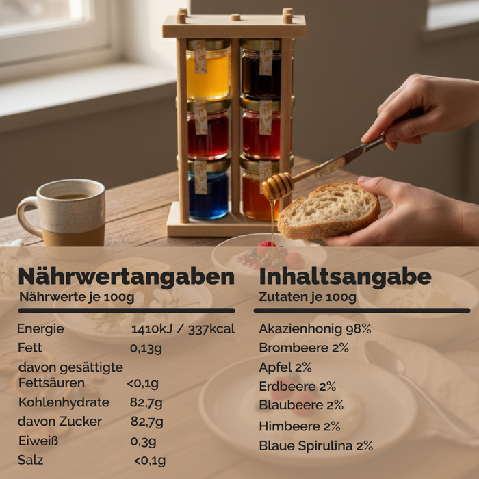 Honig Geschenkset 6×40g – Früchte-Honig mit Erdbeere, Blaubeere, Brombeere, Apfel, Himbeere & Spirulina – Handgemachtes Holzgestell – Feinkost Geschenk zu Weihnachten