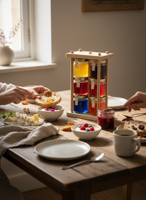 Honig Geschenkset 6×40g – Früchte-Honig mit Erdbeere, Blaubeere, Brombeere, Apfel, Himbeere & Spirulina – Handgemachtes Holzgestell – Feinkost Geschenk zu Weihnachten