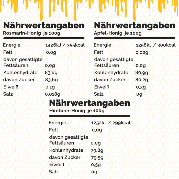 Honig Probier- und Geschenkset im Holzgestell mit Honiglöffel 6x110g