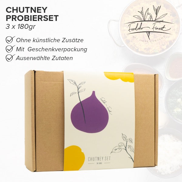 Gourmet Chutney Trio Set für Feinschmecker | Lila Feigen Chutney, Himbeeren Zwiebel Chutney, Tomaten Basilikum Chutney (3x180g)