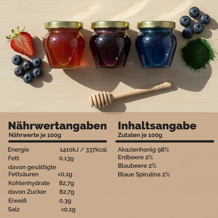 Honig Geschenkset 3×110g – Akazienhonig mit Blaubeere, Spirulina & Erdbeere – Cremig,fruchtig & natürlich – Edles Feinkost Geschenk im Holzgestell – Perfekt als Probierset