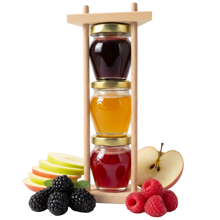 Honig Geschenkset 3×110g – Akazienhonig mit Brombeere, Apfel & Himbeere – Cremig, fruchtig & natürlich – Edles Feinkost Geschenk im Holzgestell – Perfekt als Probierset