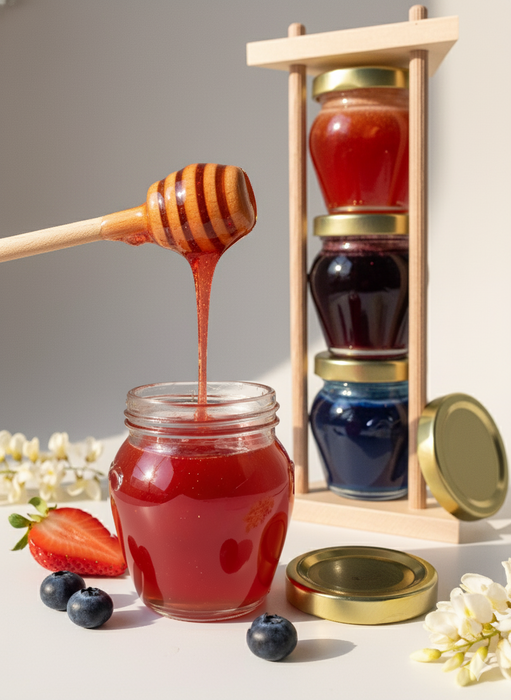 Honig Geschenkset 3×110g – Akazienhonig mit Blaubeere, Spirulina & Erdbeere – Cremig,fruchtig & natürlich – Edles Feinkost Geschenk im Holzgestell – Perfekt als Probierset