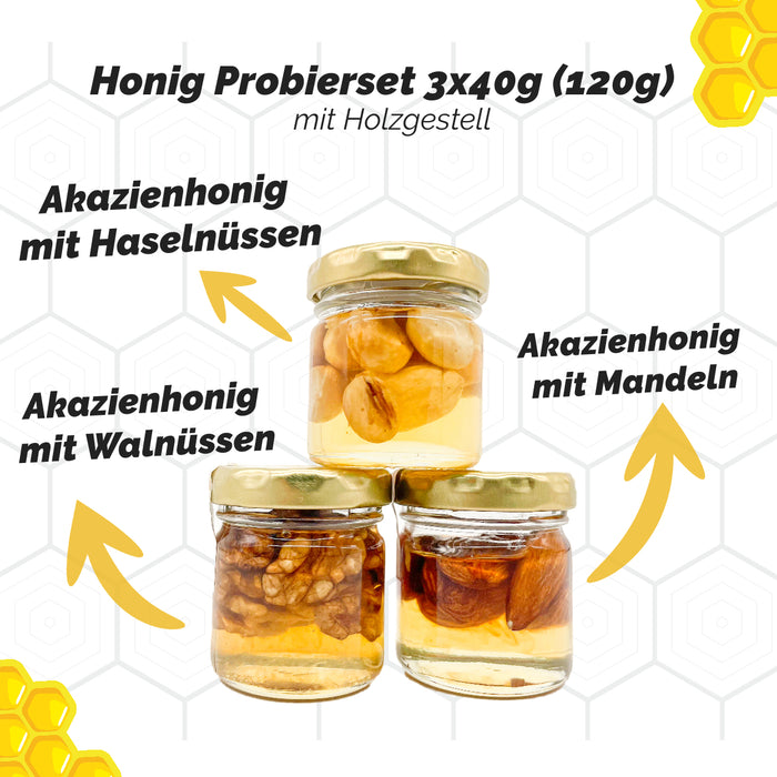 Akazienhonig Nuss-Probierset im Holzgestell (3x40g)