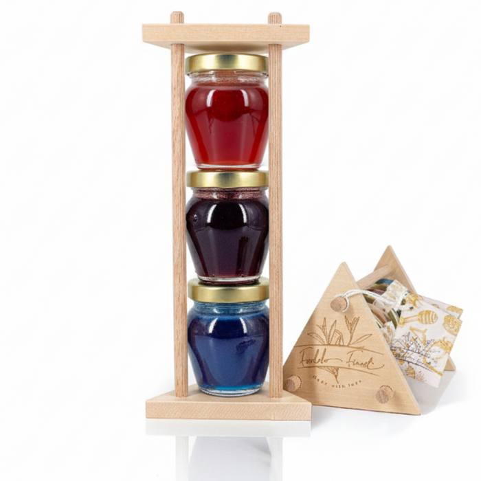 Honig Geschenkset 3×110g – Akazienhonig mit Blaubeere, Spirulina & Erdbeere – Cremig,fruchtig & natürlich – Edles Feinkost Geschenk im Holzgestell – Perfekt als Probierset