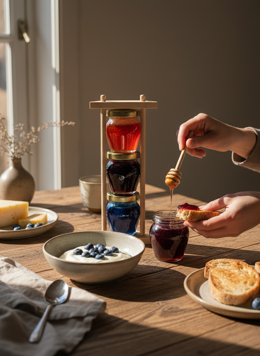 Honig Geschenkset 3×110g – Akazienhonig mit Blaubeere, Spirulina & Erdbeere – Cremig,fruchtig & natürlich – Edles Feinkost Geschenk im Holzgestell – Perfekt als Probierset