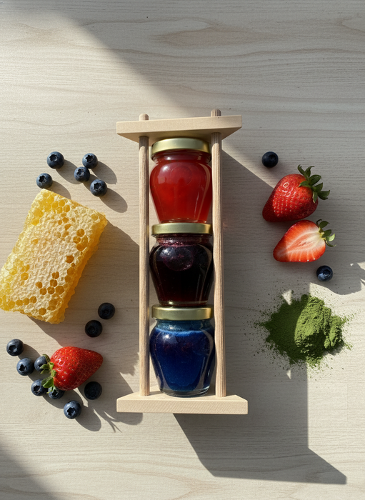 Honig Geschenkset 3×110g – Akazienhonig mit Blaubeere, Spirulina & Erdbeere – Cremig,fruchtig & natürlich – Edles Feinkost Geschenk im Holzgestell – Perfekt als Probierset