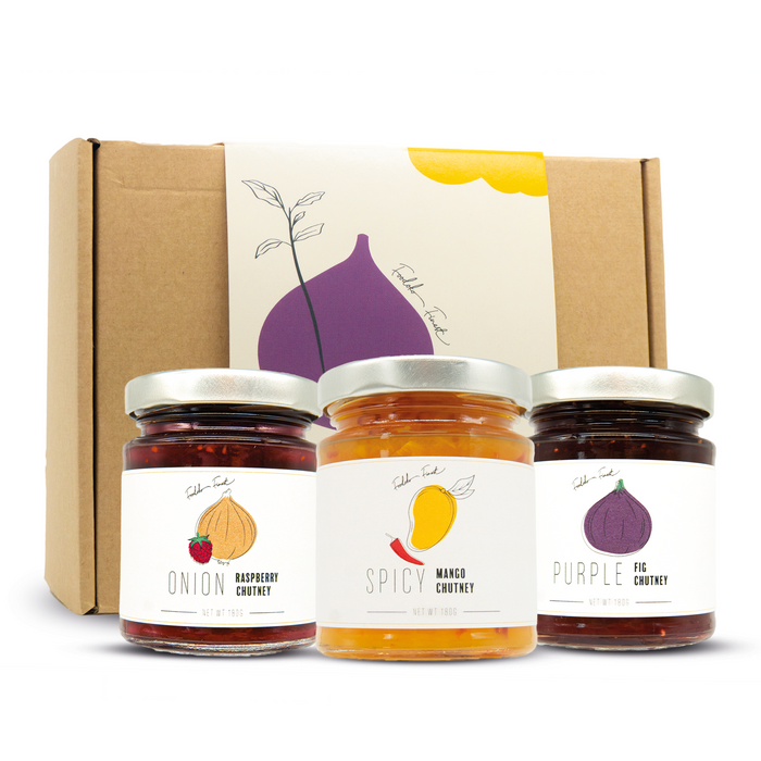 Gourmet Chutney Set für Feinschmecker | Spicy Mango Chutney, Lila Feigen Chutney, Zwiebel und Himbeere Chutney (3 x180g)