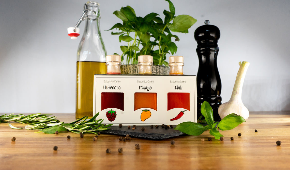 Balsamico Essig Creme | Probierset mit Himbeer-, Mango- & Chili | 3x100ml