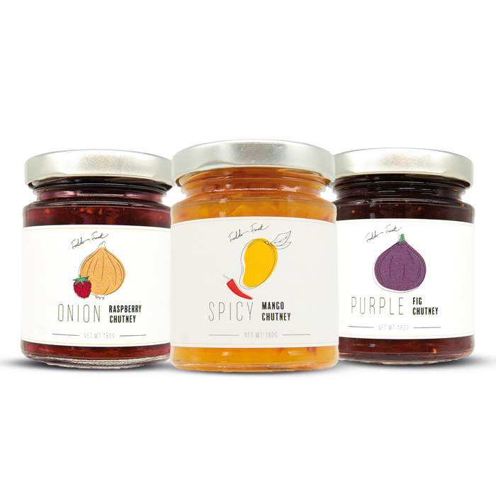 Gourmet Chutney Set für Feinschmecker | Spicy Mango Chutney, Lila Feigen Chutney, Zwiebel und Himbeere Chutney (3 x180g)