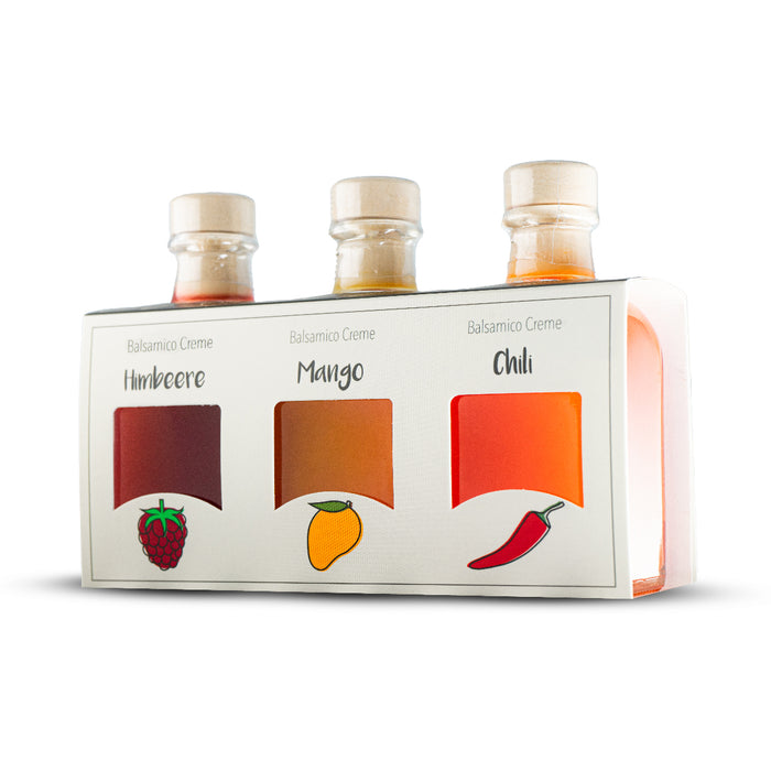 Balsamico Essig Creme | Probierset mit Himbeer-, Mango- & Chili | 3x100ml